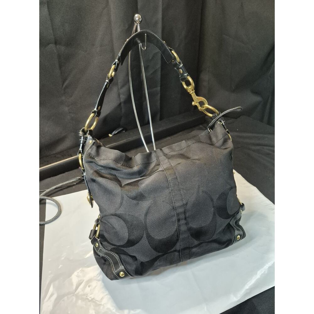 Coach Carly Hobo Purse 10620 BLACK Signature Canvas Gold Leather Bag Rare - Picture 3 of 14